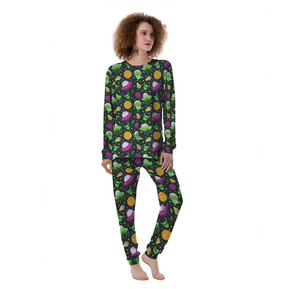 UFO Little Green Alien Print Pattern Women's Pajamas-grizzshop