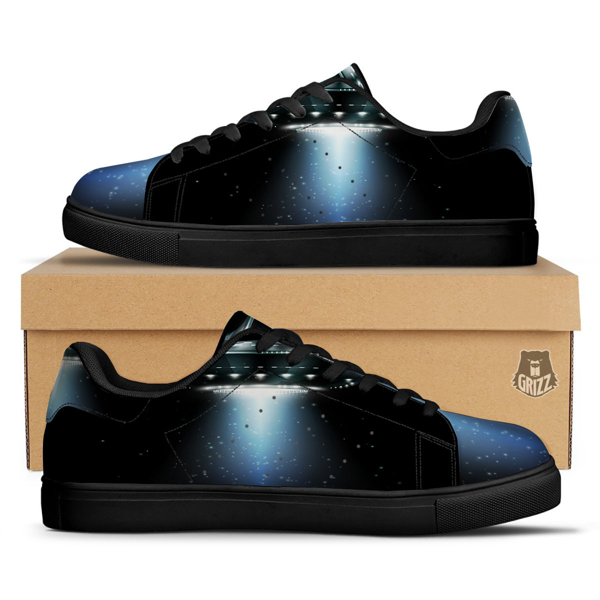UFO Night Dark Print Black Low Top Sneakers-grizzshop