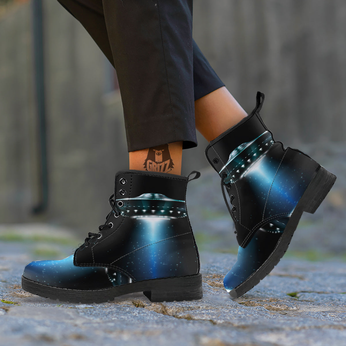 UFO Night Dark Print Leather Boots-grizzshop