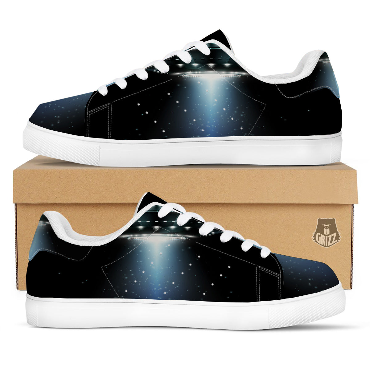 UFO Night Dark Print White Low Top Sneakers-grizzshop