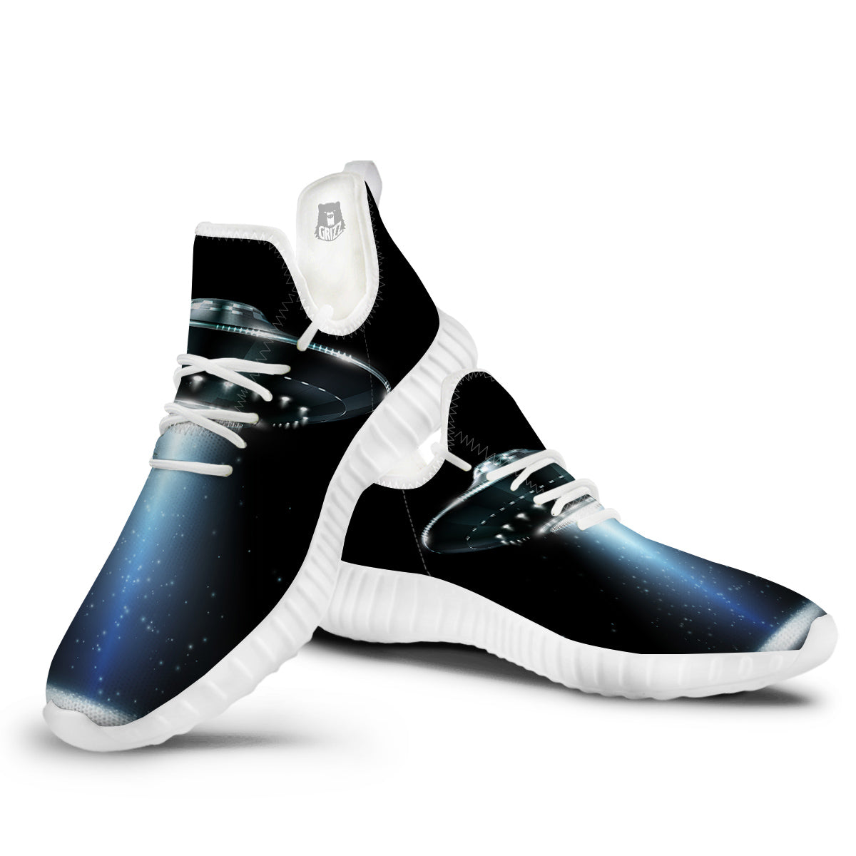 UFO Night Dark Print White Walking Shoes-grizzshop