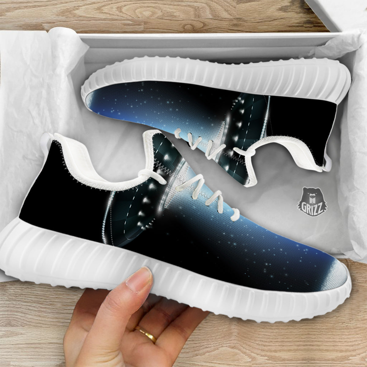 UFO Night Dark Print White Walking Shoes-grizzshop