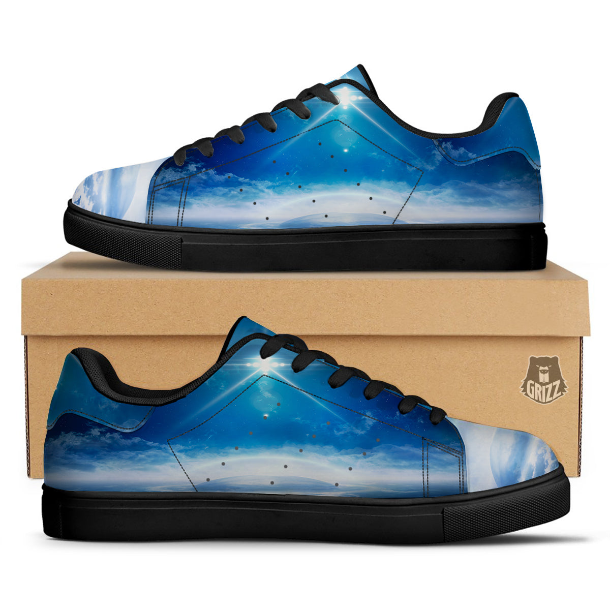 UFO On Planet Earth Print Black Low Top Sneakers-grizzshop