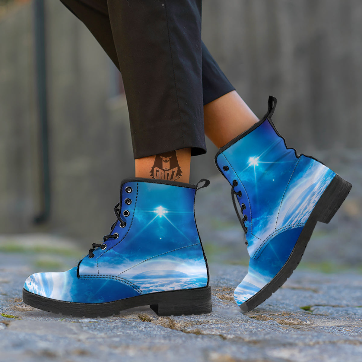 UFO On Planet Earth Print Leather Boots-grizzshop