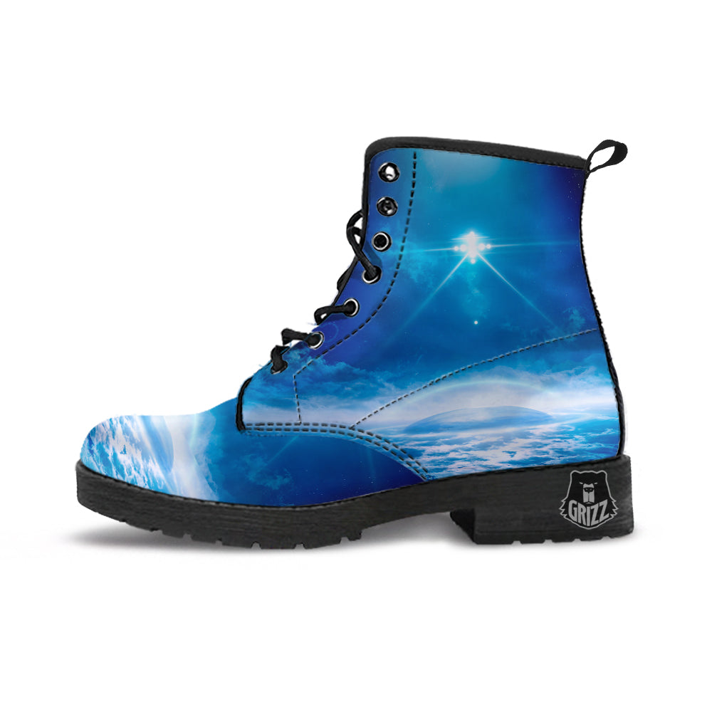 UFO On Planet Earth Print Leather Boots-grizzshop