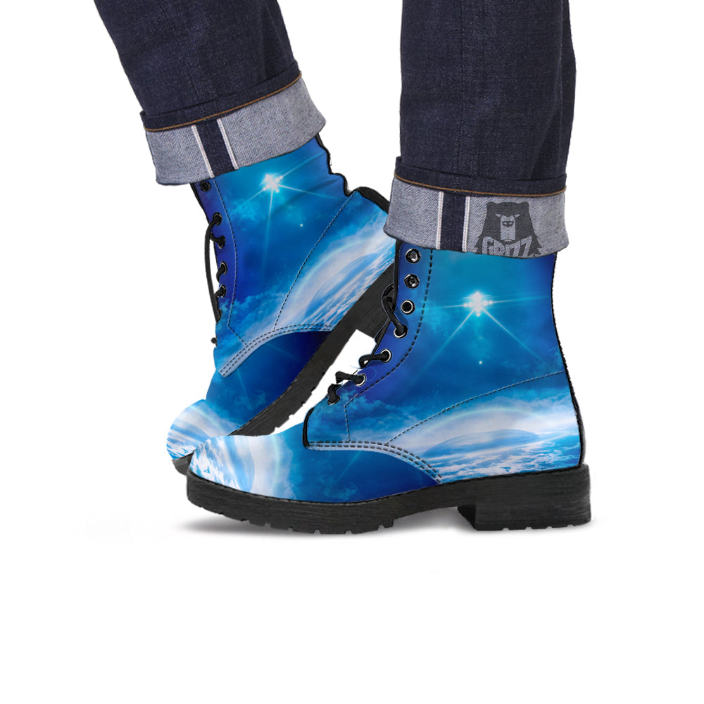 UFO On Planet Earth Print Leather Boots-grizzshop