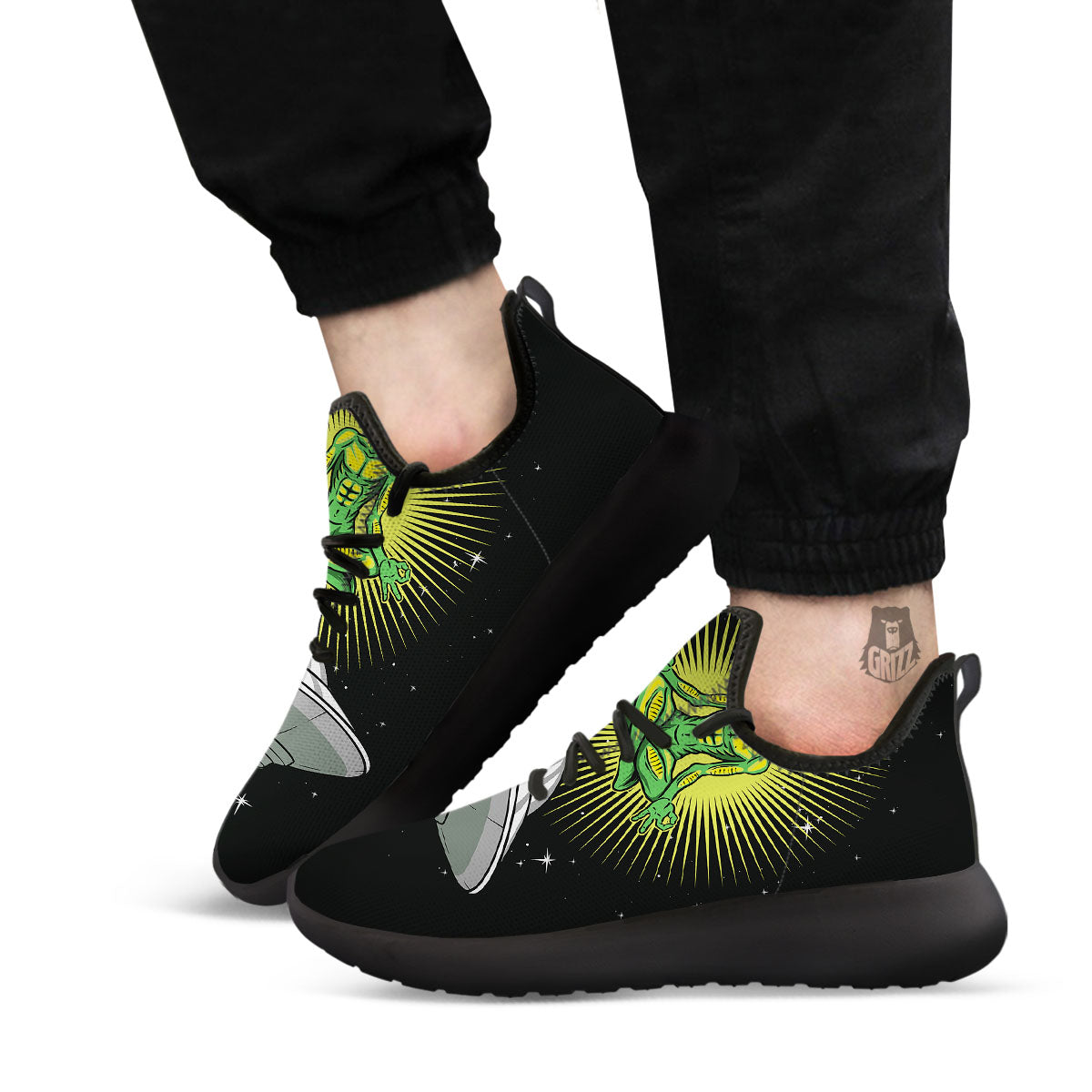 UFO Space Green Alien Print Black Athletic Shoes-grizzshop