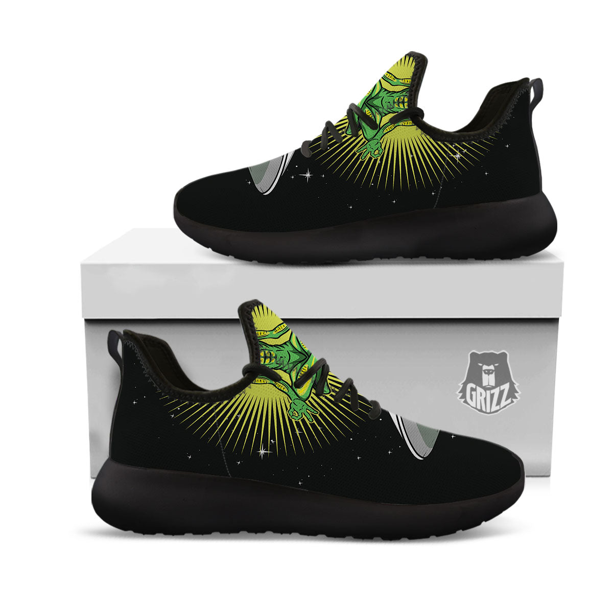 UFO Space Green Alien Print Black Athletic Shoes-grizzshop