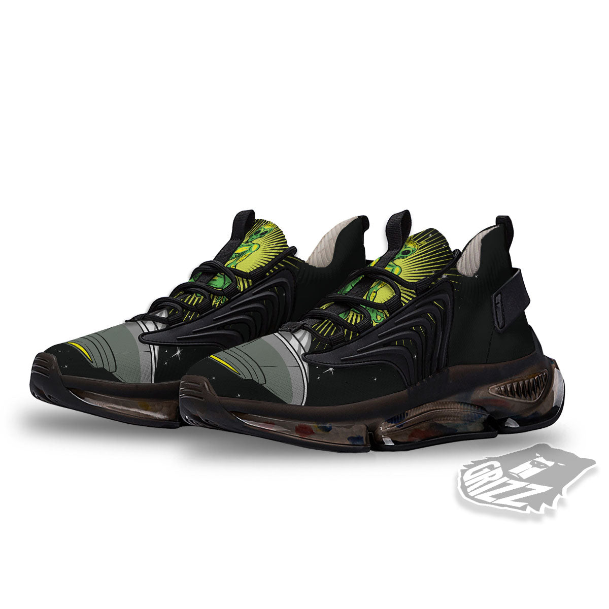UFO Space Green Alien Print Black Gym Shoes-grizzshop