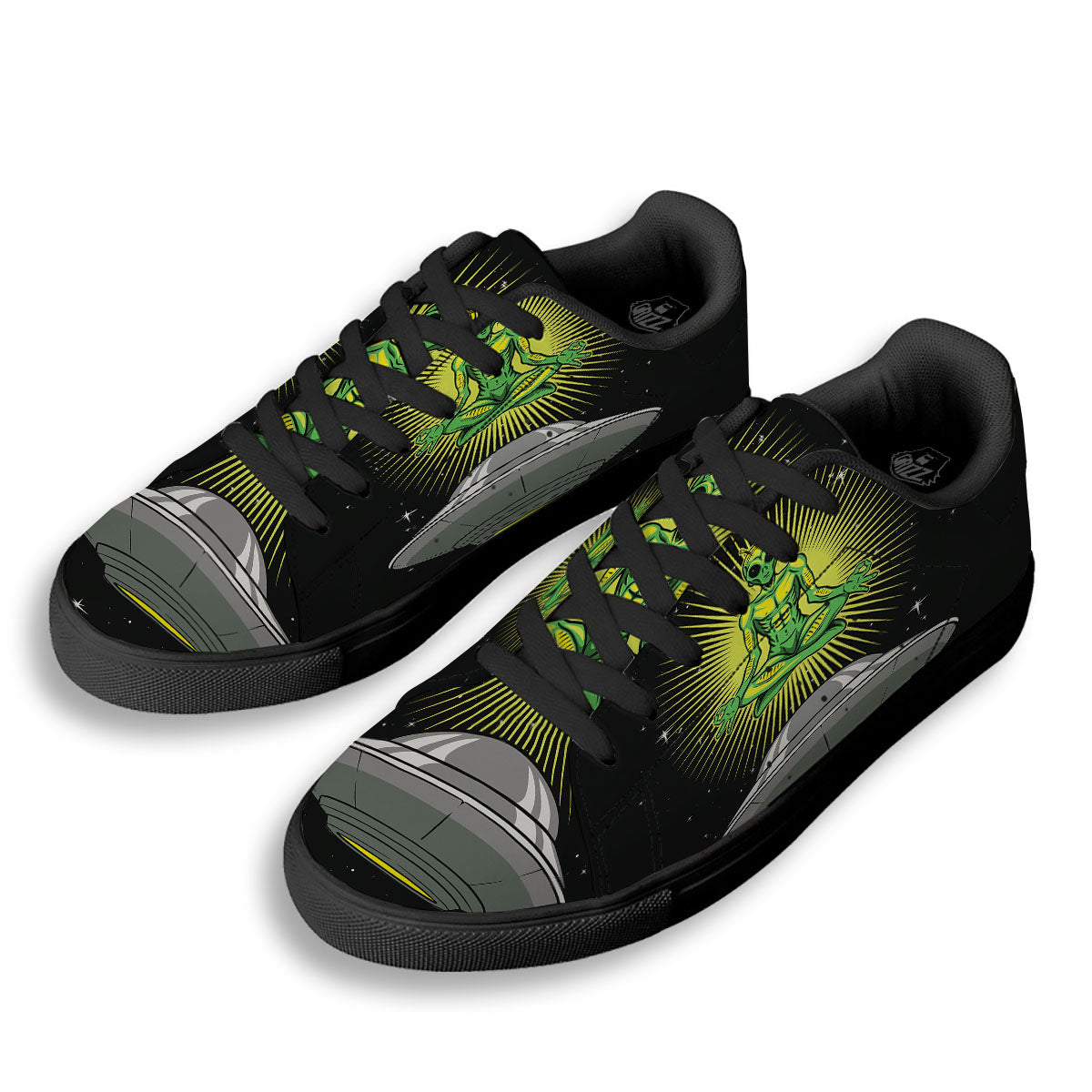 UFO Space Green Alien Print Black Low Top Sneakers-grizzshop