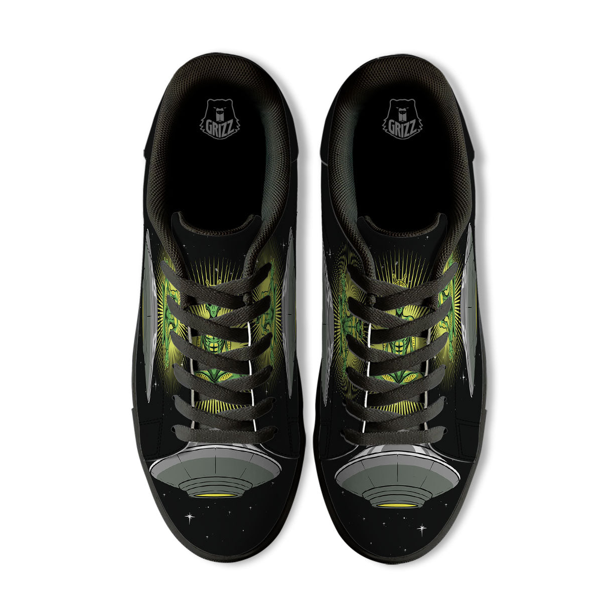 UFO Space Green Alien Print Black Low Top Sneakers-grizzshop