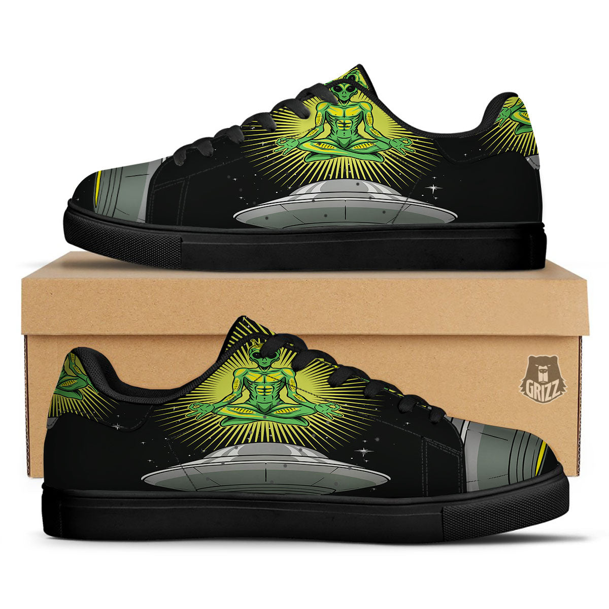 UFO Space Green Alien Print Black Low Top Sneakers-grizzshop