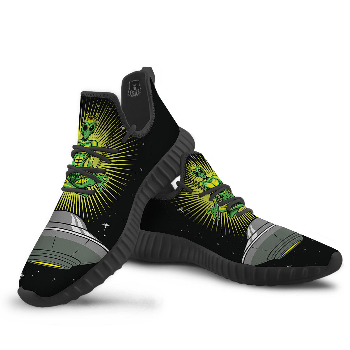 UFO Space Green Alien Print Black Walking Shoes-grizzshop