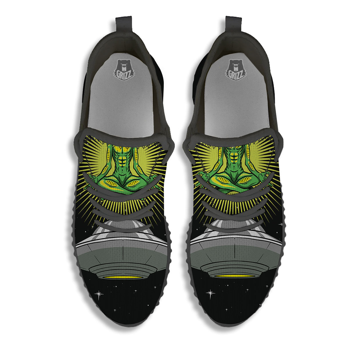 UFO Space Green Alien Print Black Walking Shoes-grizzshop