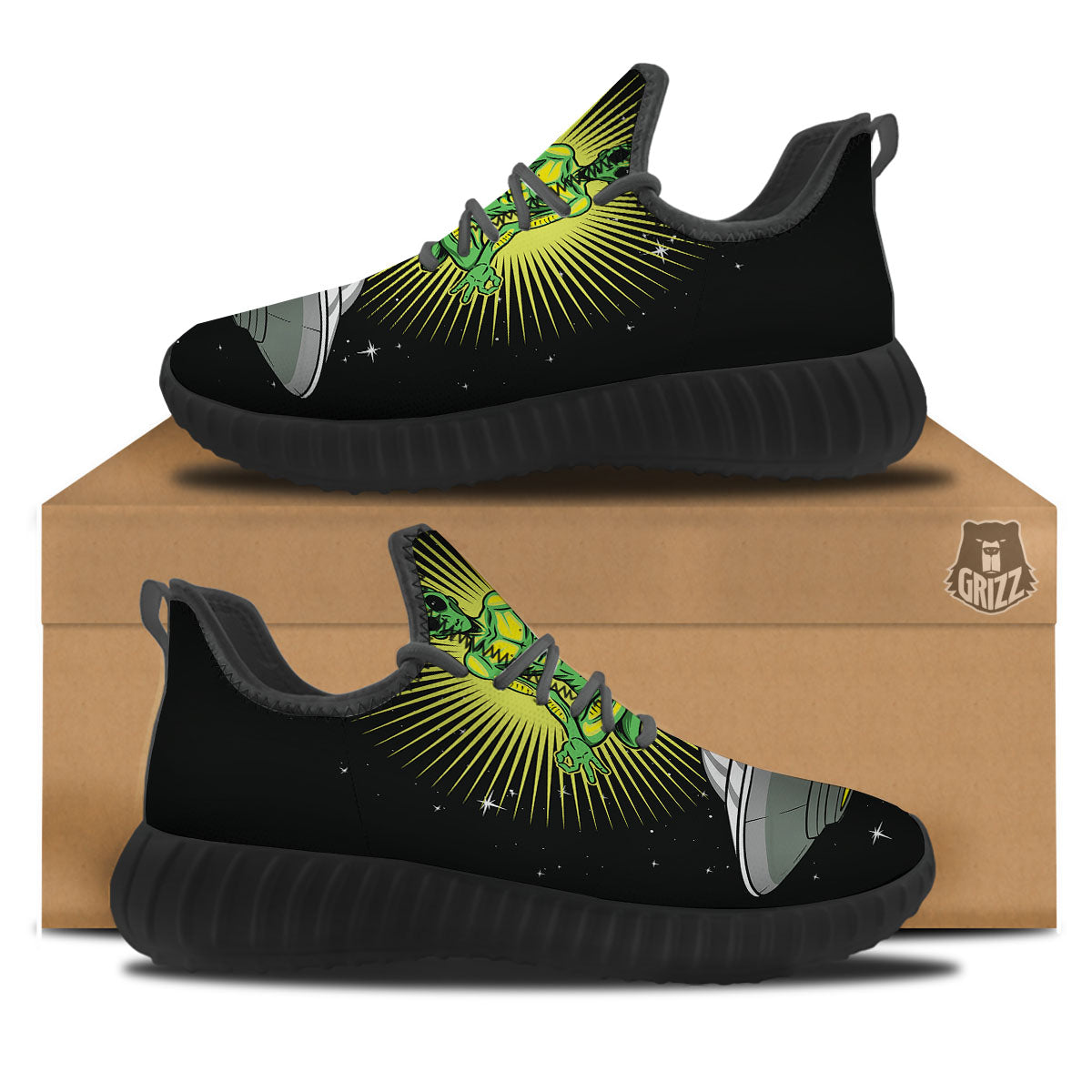 UFO Space Green Alien Print Black Walking Shoes-grizzshop