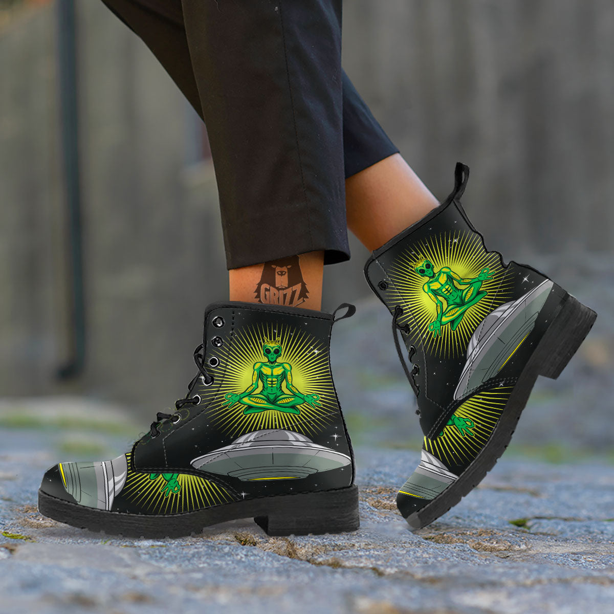 UFO Space Green Alien Print Leather Boots-grizzshop