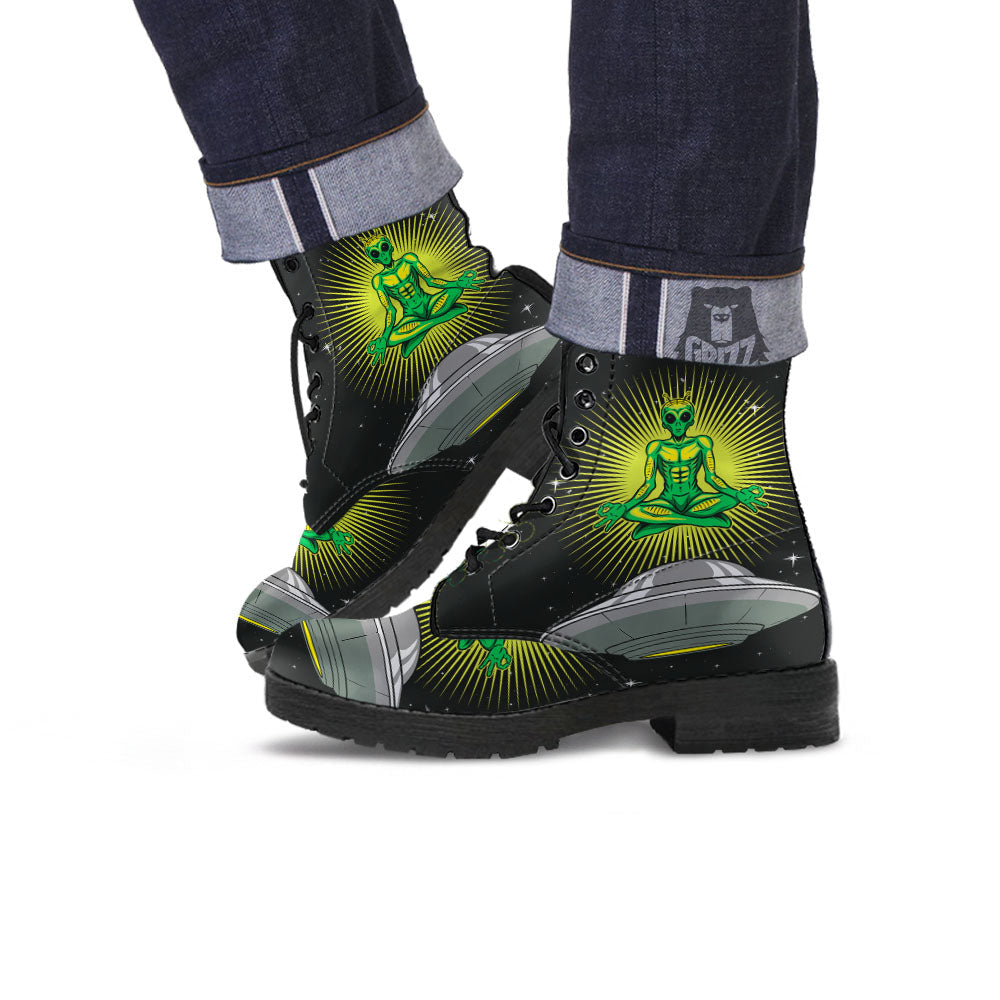 UFO Space Green Alien Print Leather Boots-grizzshop