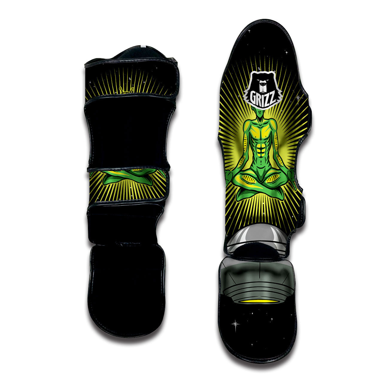 UFO Space Green Alien Print Muay Thai Shin Guards-grizzshop