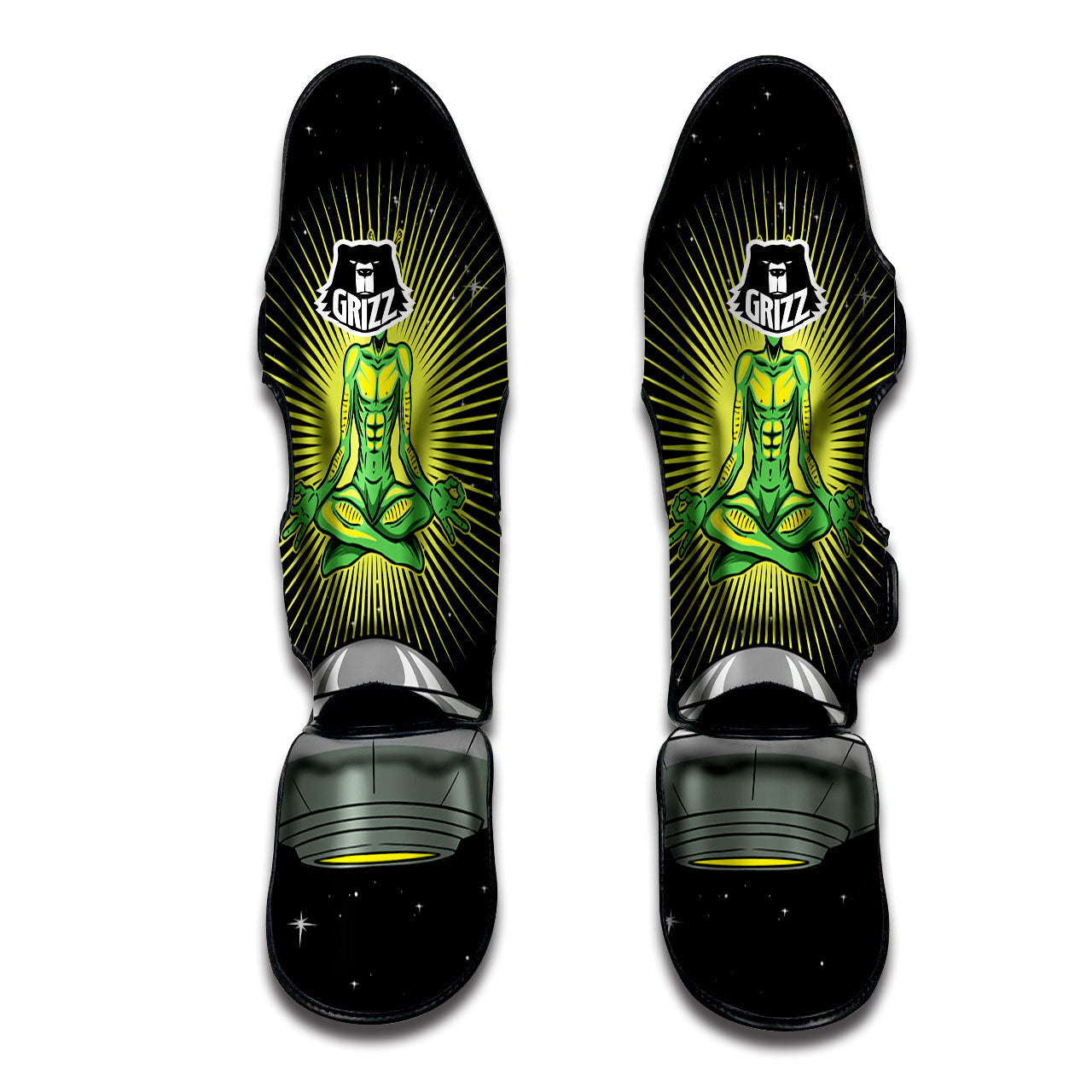 UFO Space Green Alien Print Muay Thai Shin Guards-grizzshop