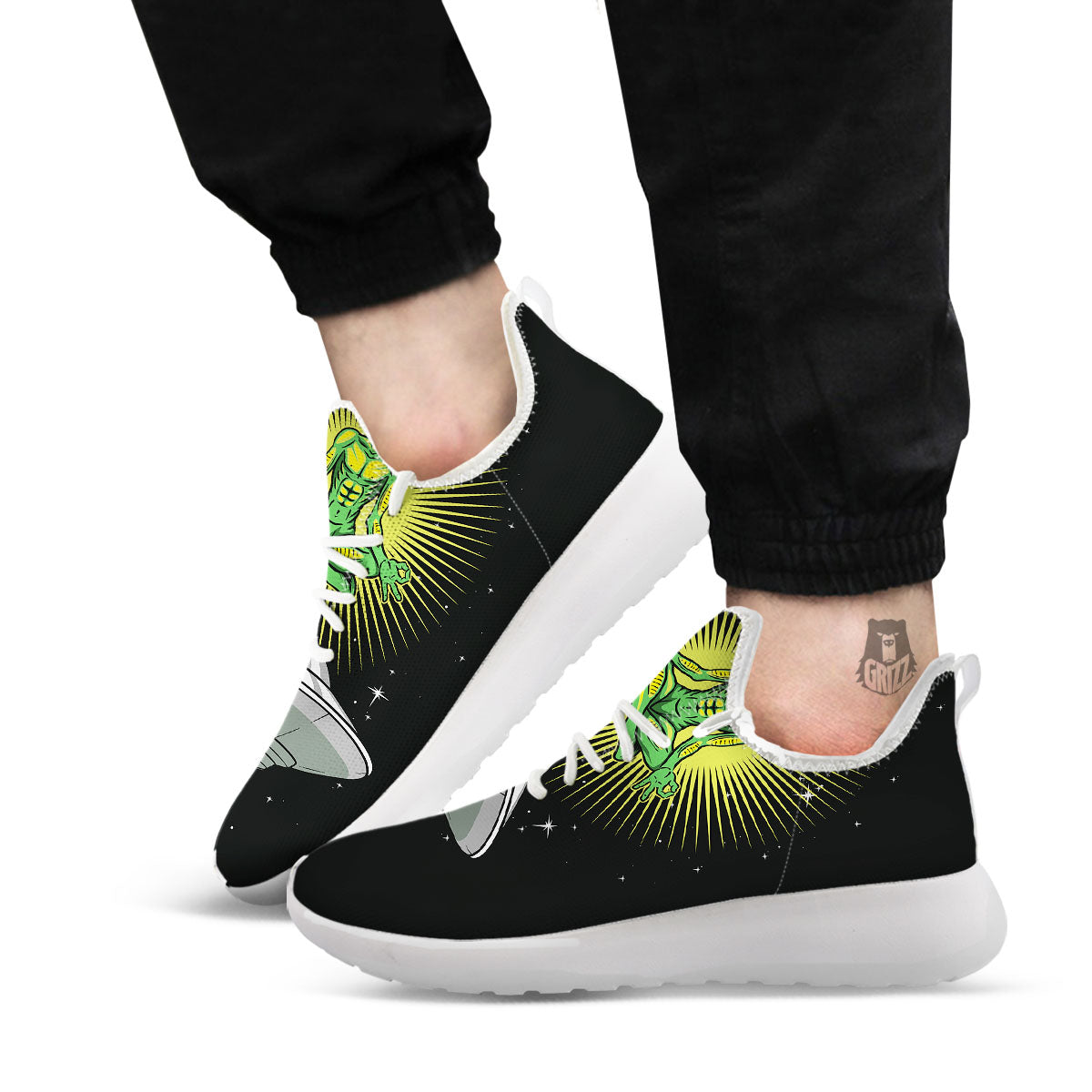 UFO Space Green Alien Print White Athletic Shoes-grizzshop