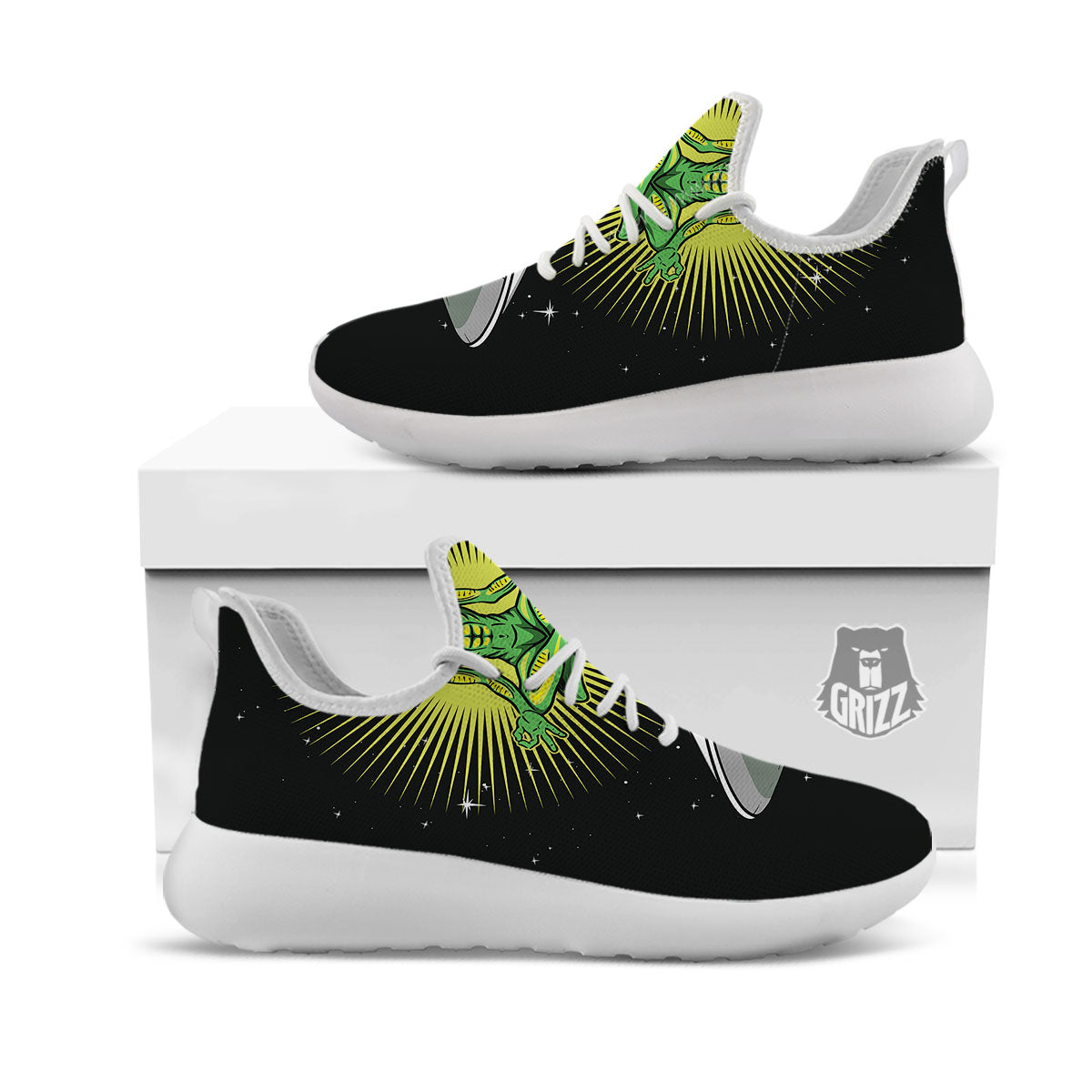 UFO Space Green Alien Print White Athletic Shoes-grizzshop
