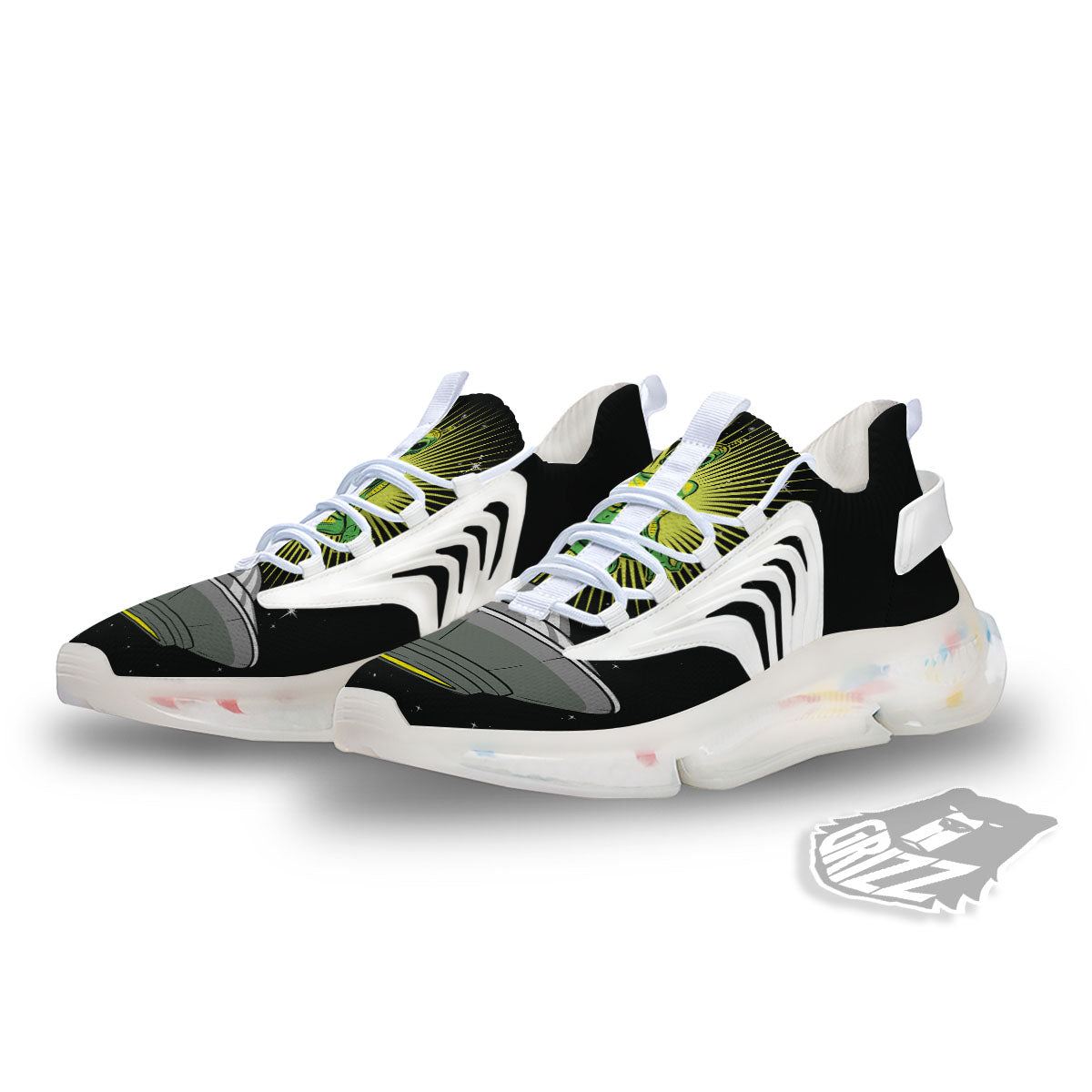 UFO Space Green Alien Print White Gym Shoes-grizzshop