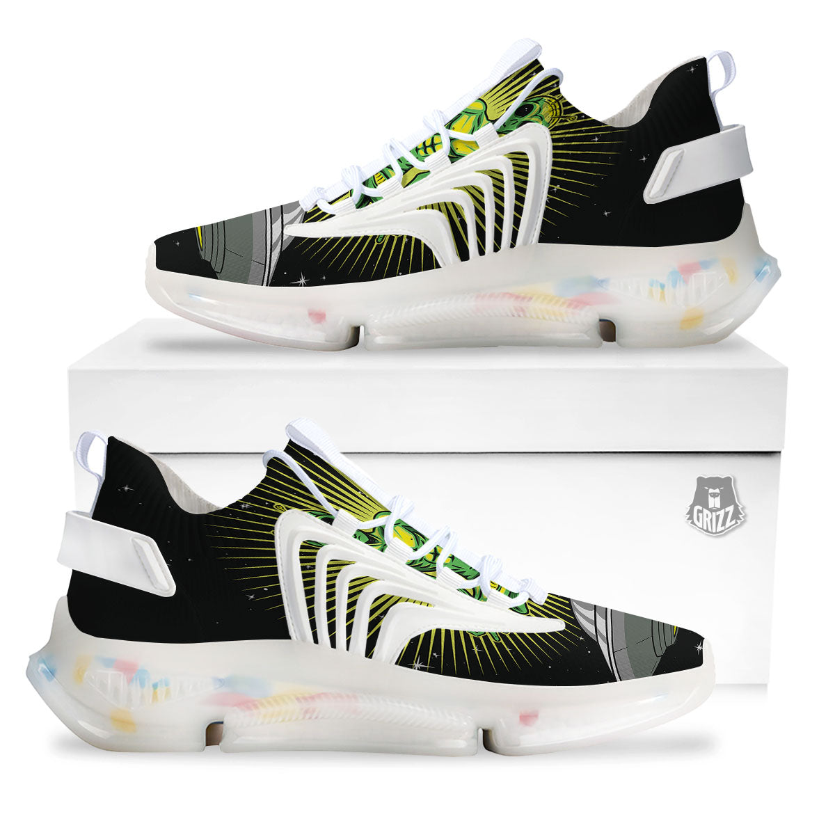 UFO Space Green Alien Print White Gym Shoes-grizzshop