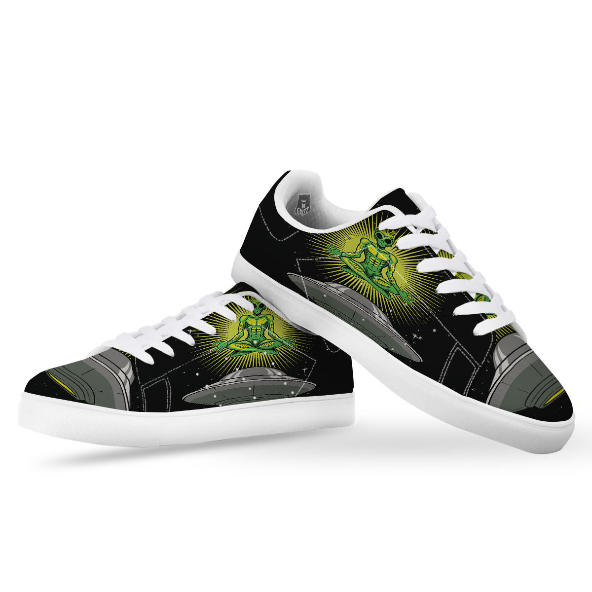 UFO Space Green Alien Print White Low Top Sneakers-grizzshop