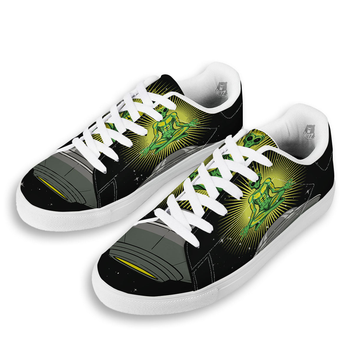 UFO Space Green Alien Print White Low Top Sneakers-grizzshop