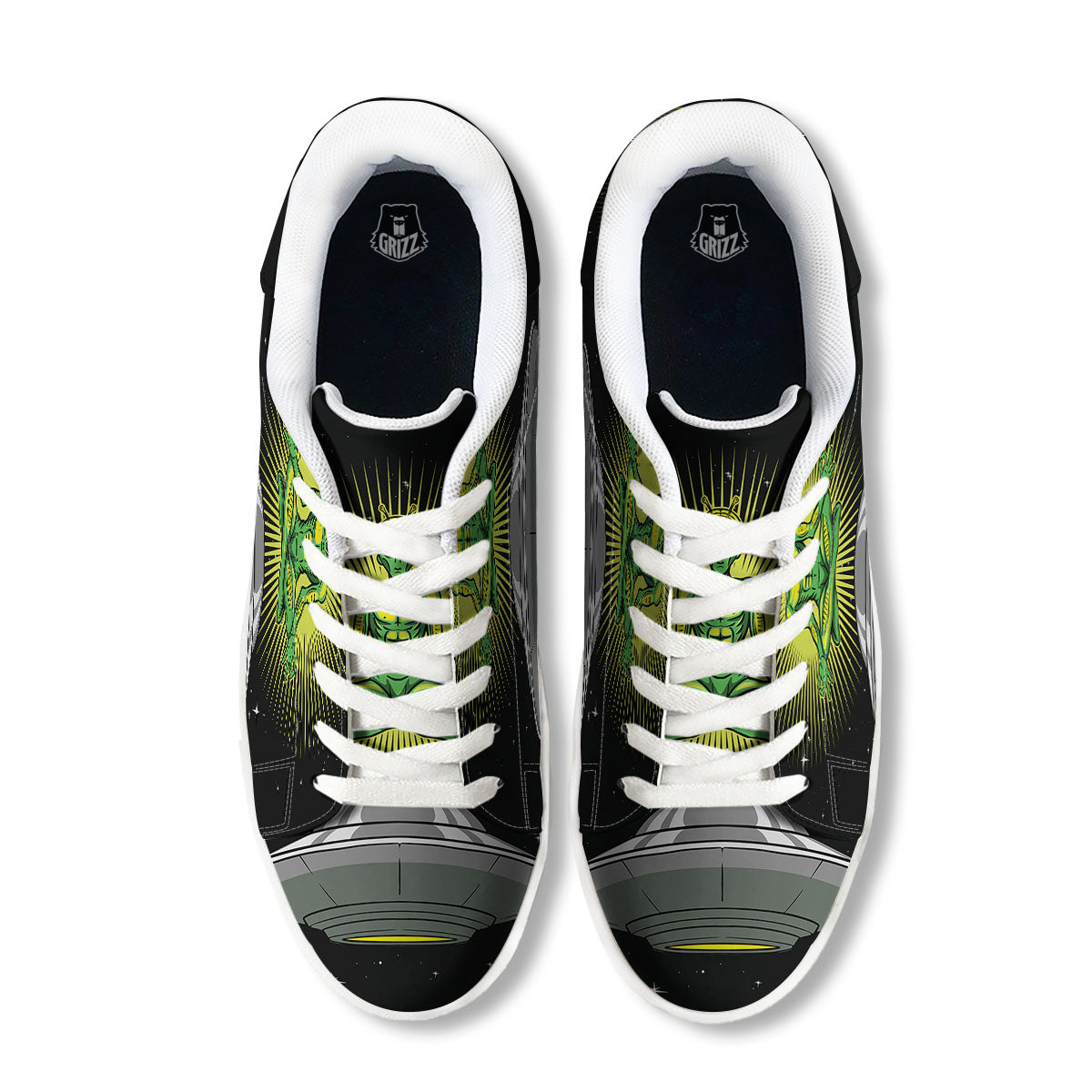 UFO Space Green Alien Print White Low Top Sneakers-grizzshop