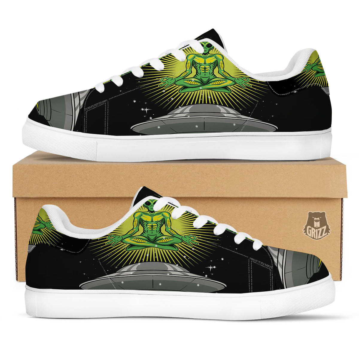 UFO Space Green Alien Print White Low Top Sneakers-grizzshop