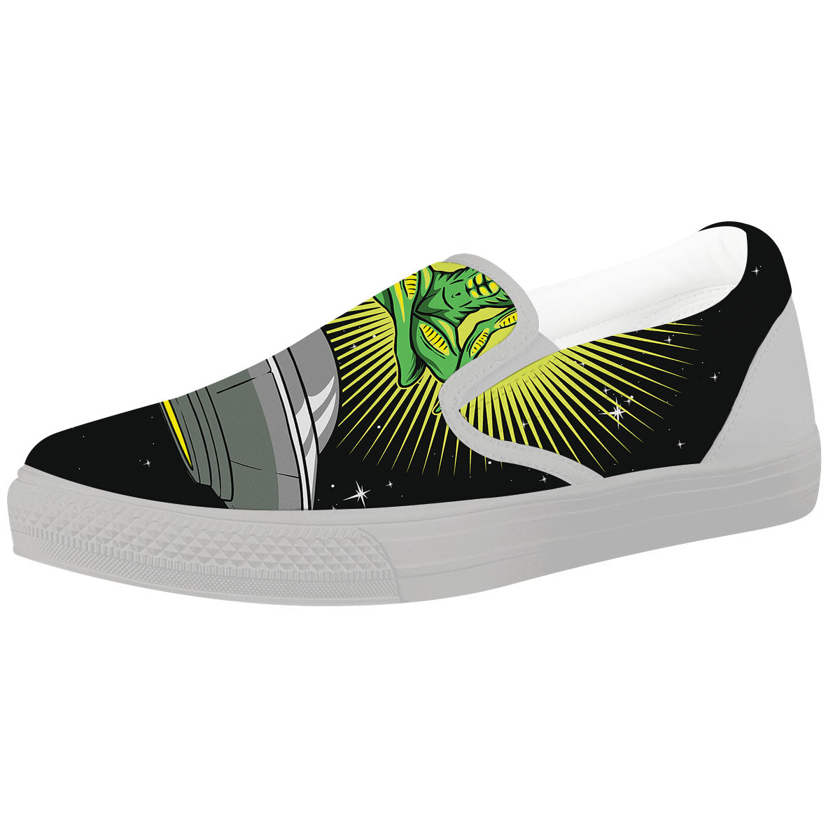 UFO Space Green Alien Print White Slip On Shoes-grizzshop