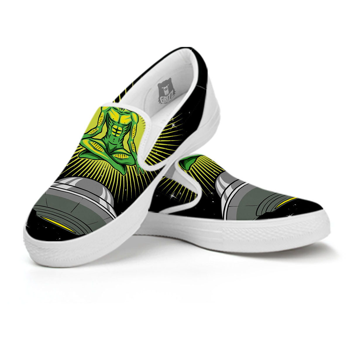 UFO Space Green Alien Print White Slip On Shoes-grizzshop