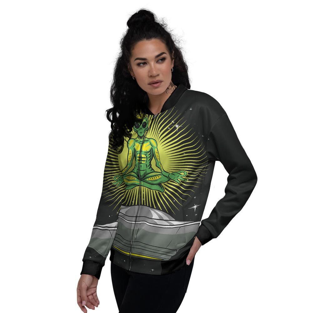 UFO Space Green Alien Print Women's Bomber Jacket-grizzshop