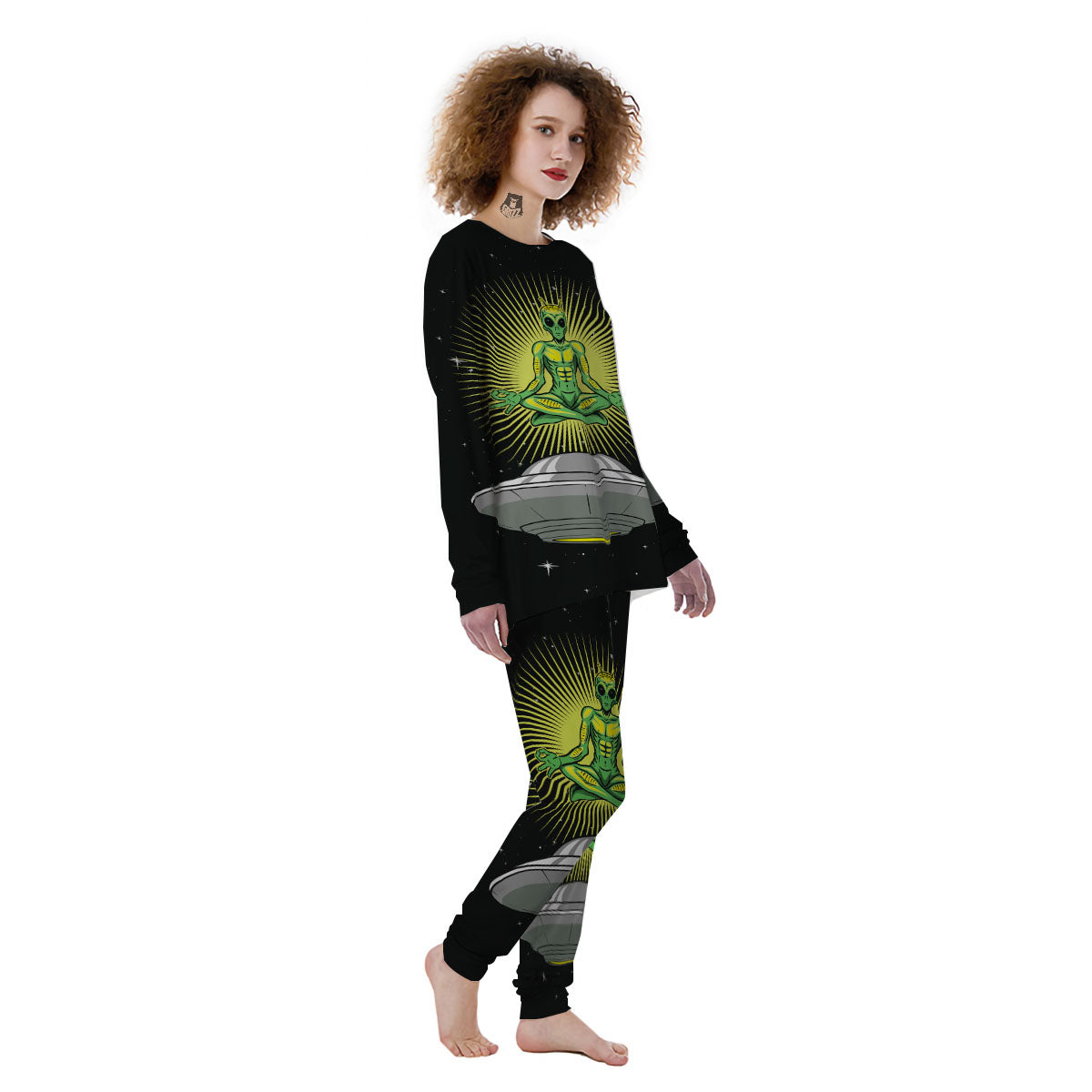 UFO Space Green Alien Print Women's Pajamas-grizzshop