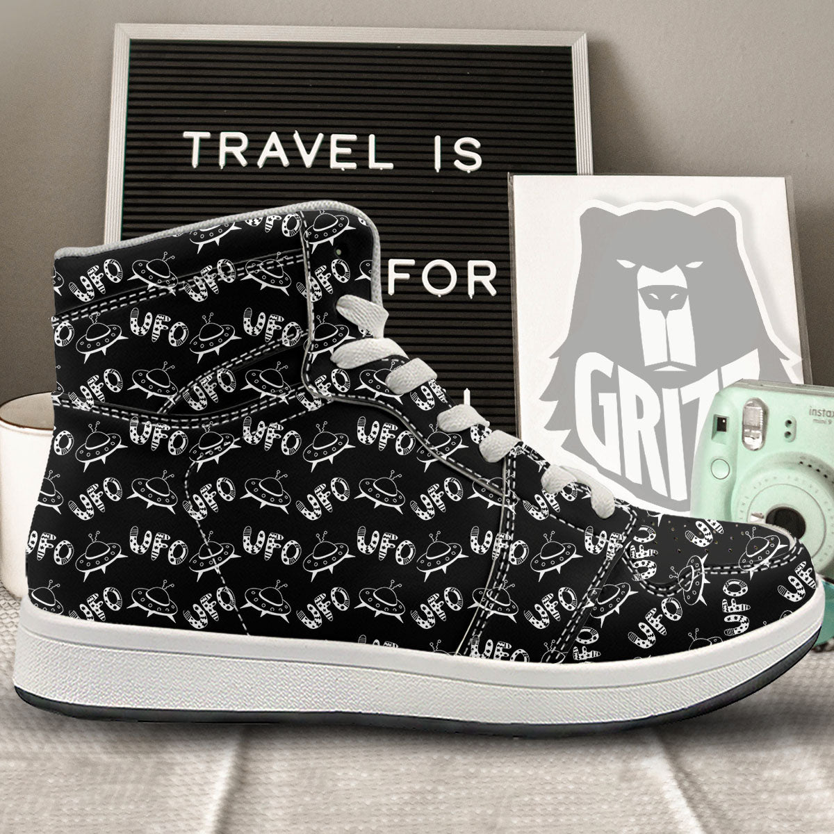 UFO White And Black Print Pattern High Top Sneakers-grizzshop