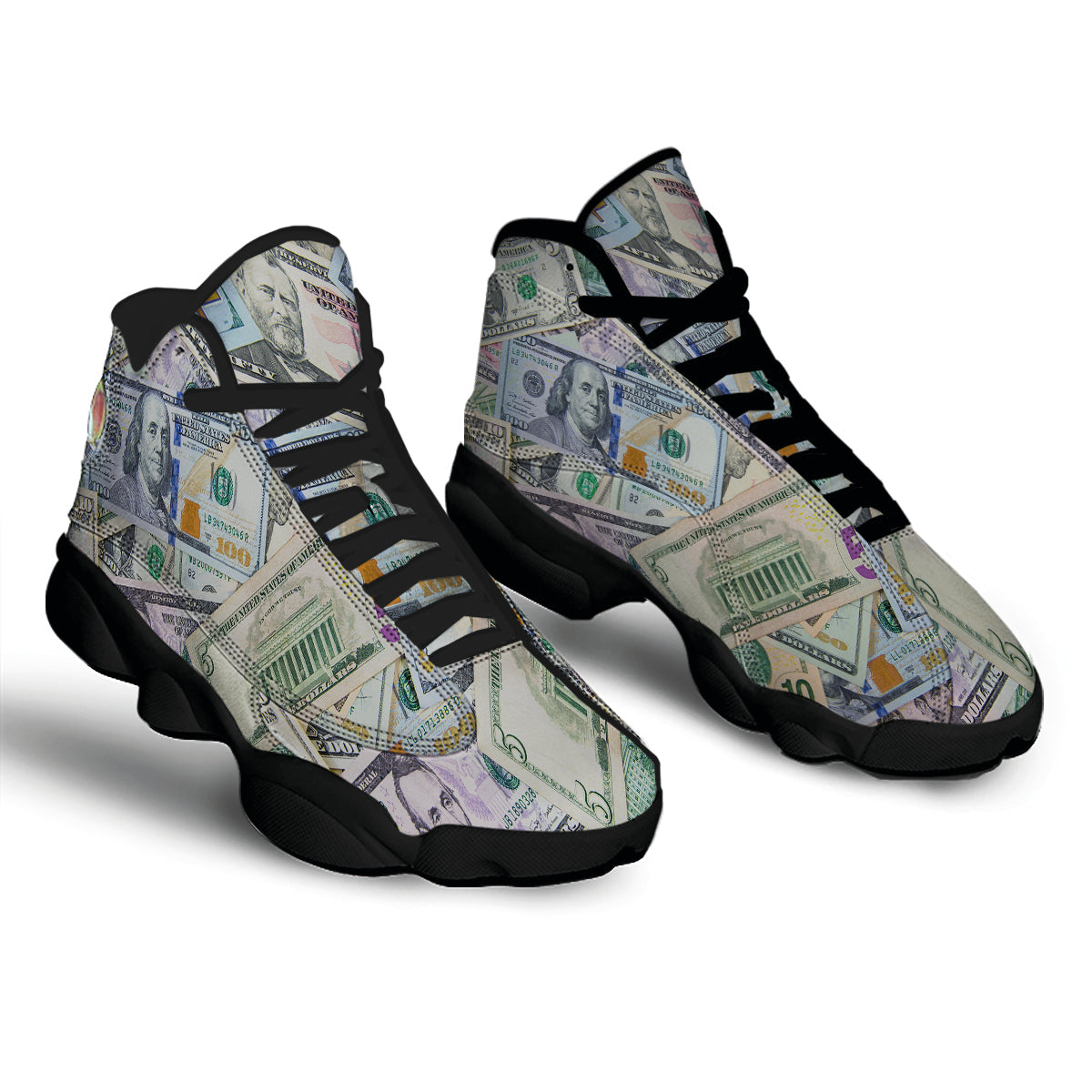 US Dollar Print Black Basketball Shoes-grizzshop