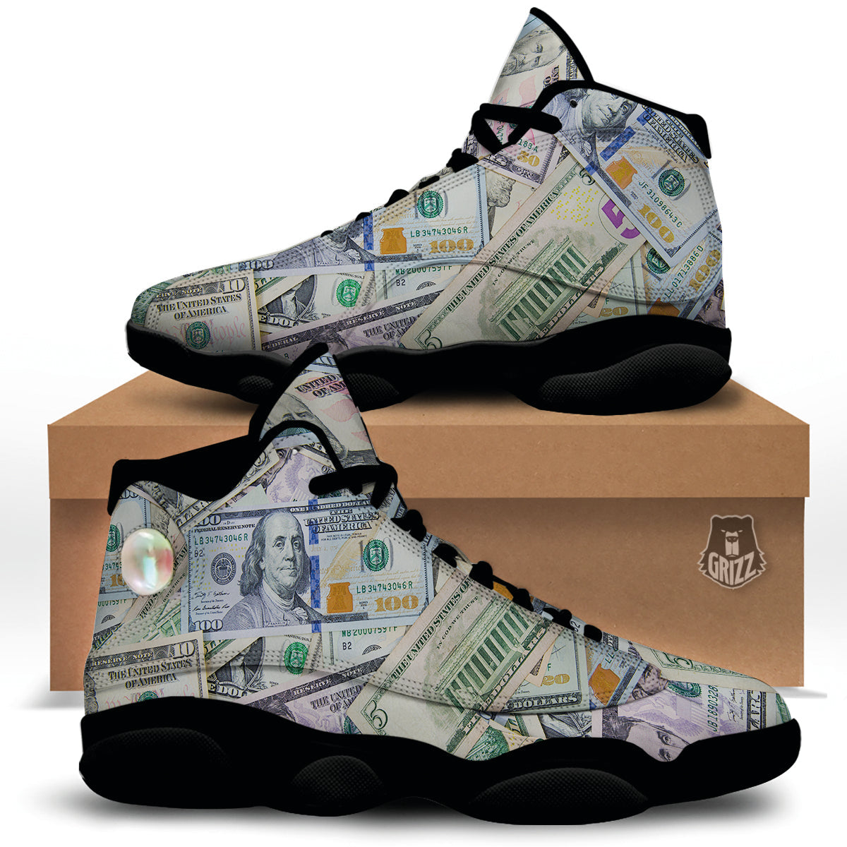 US Dollar Print Black Basketball Shoes-grizzshop