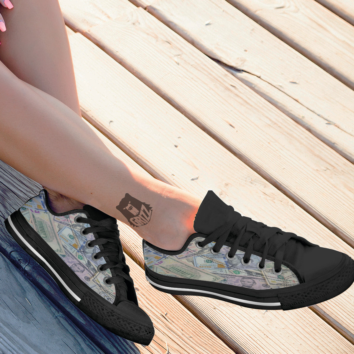 US Dollar Print Black Low Top Shoes-grizzshop
