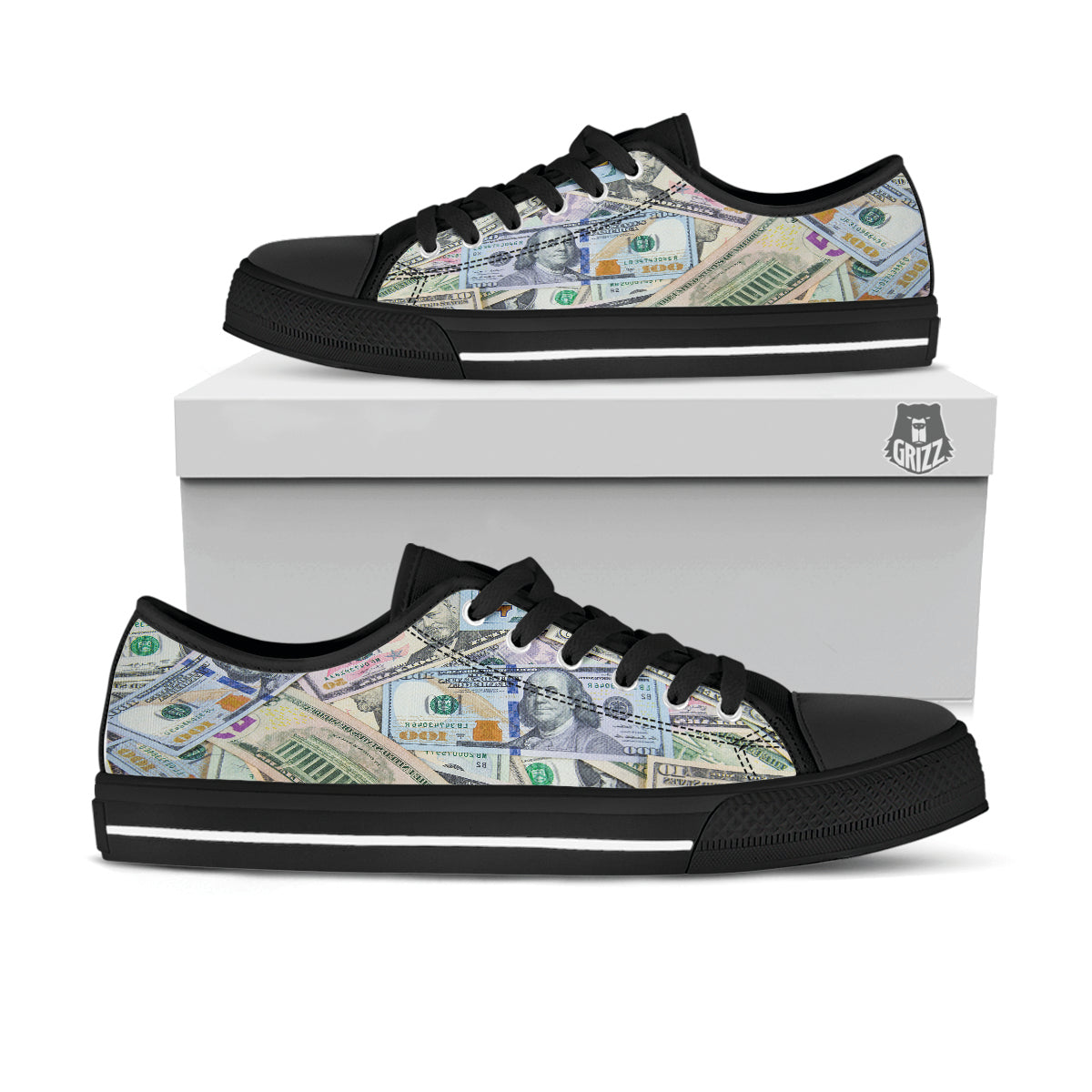 US Dollar Print Black Low Top Shoes-grizzshop