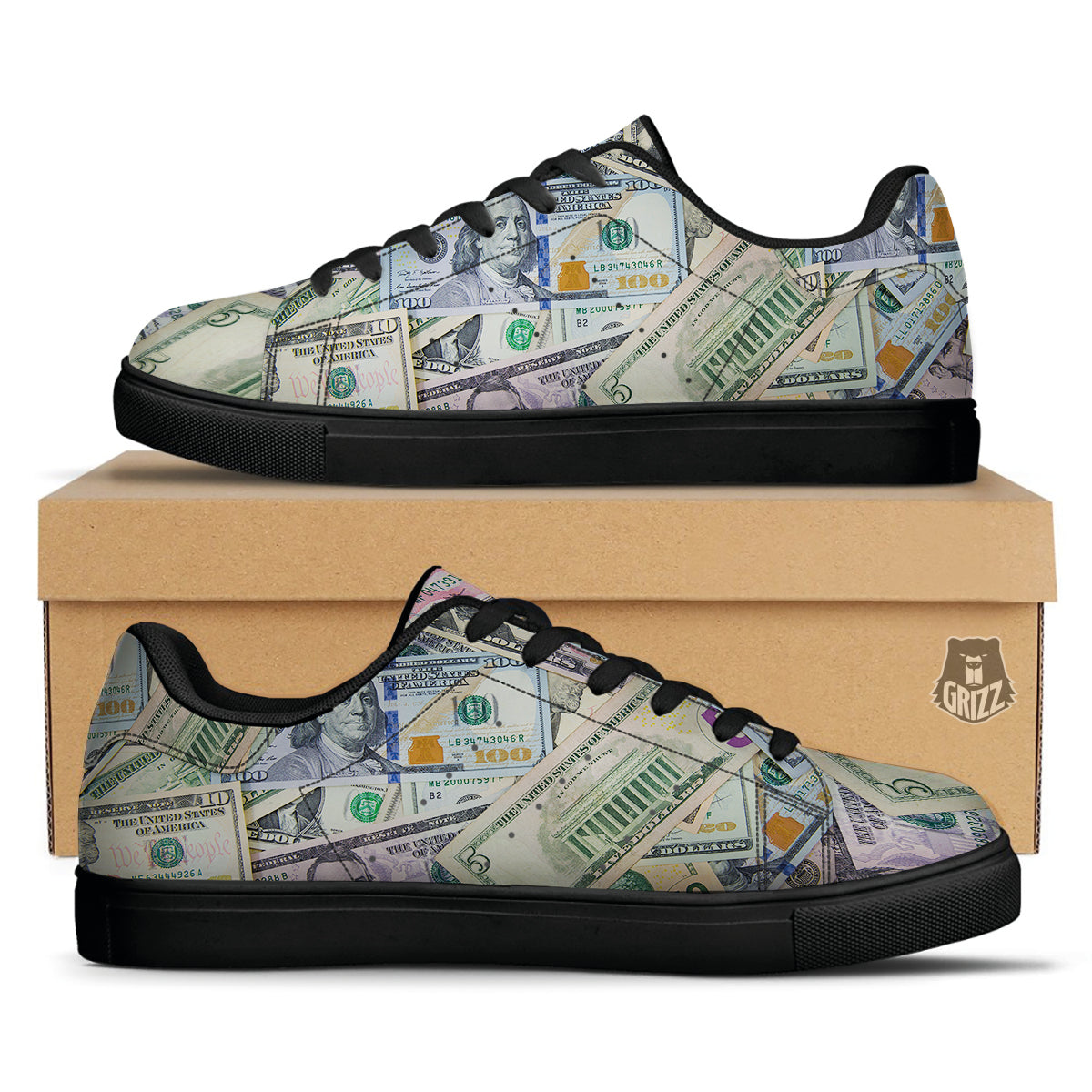 US Dollar Print Black Low Top Sneakers-grizzshop