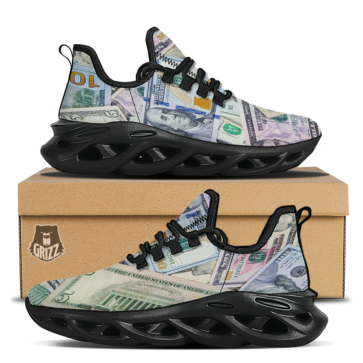 US Dollar Print Black Running Shoes-grizzshop