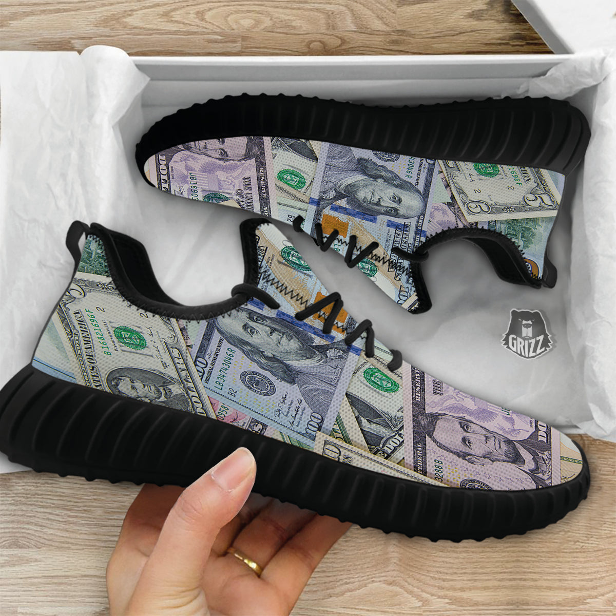 US Dollar Print Black Walking Shoes-grizzshop