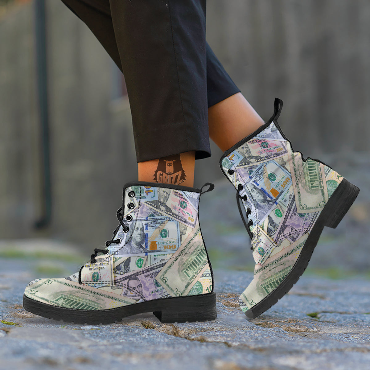 US Dollar Print Leather Boots-grizzshop