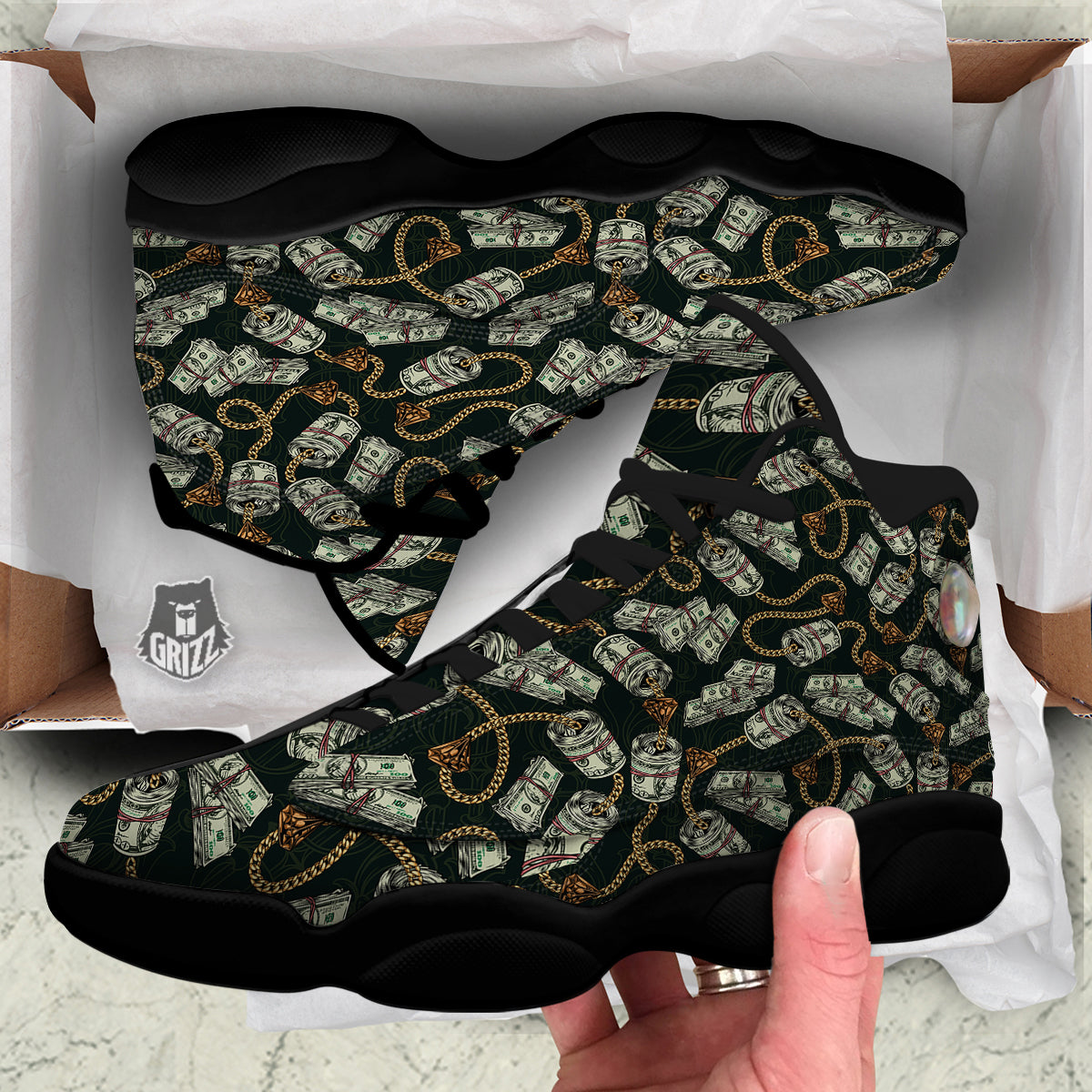 US Dollar Print Pattern Black Basketball Shoes-grizzshop