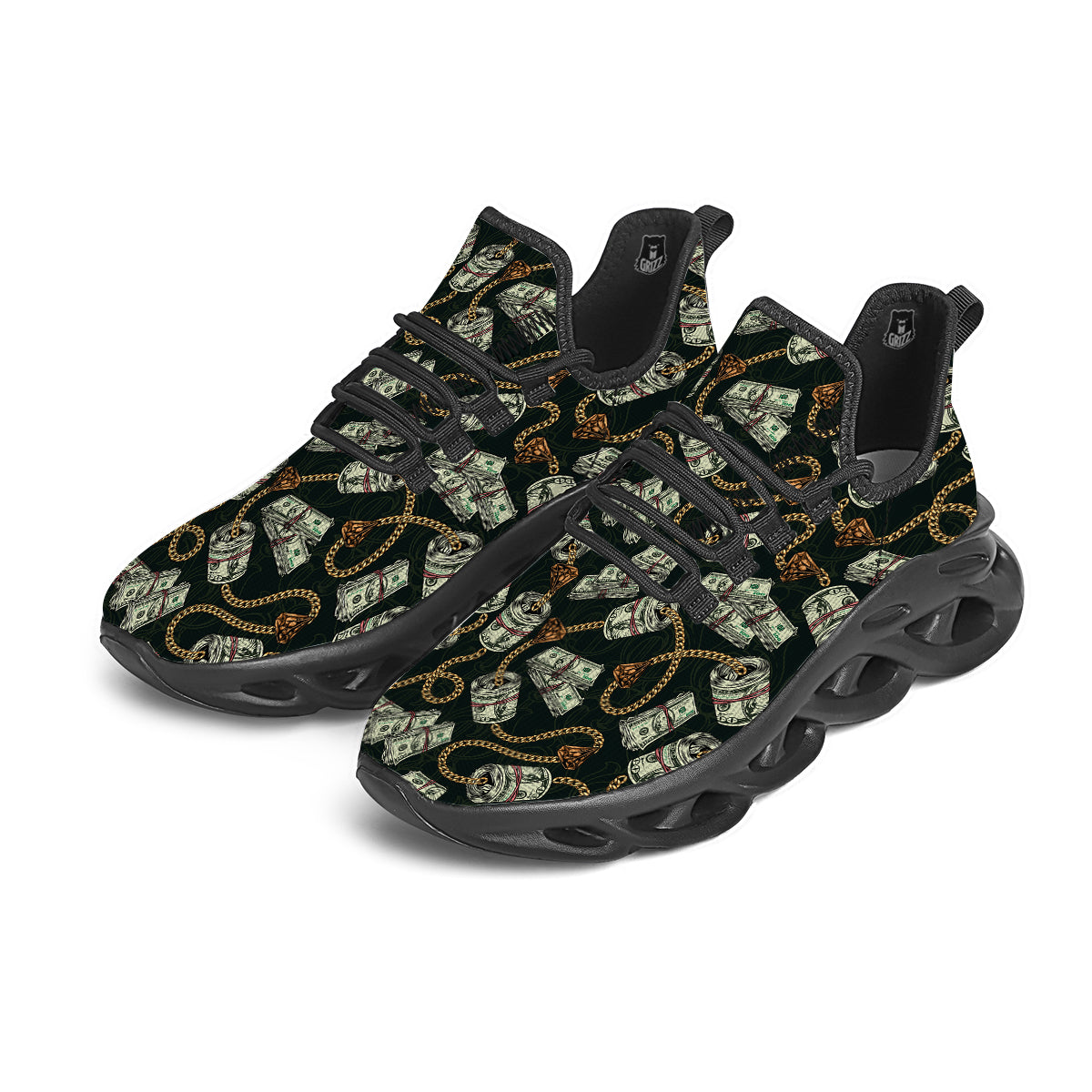 US Dollar Print Pattern Black Running Shoes-grizzshop