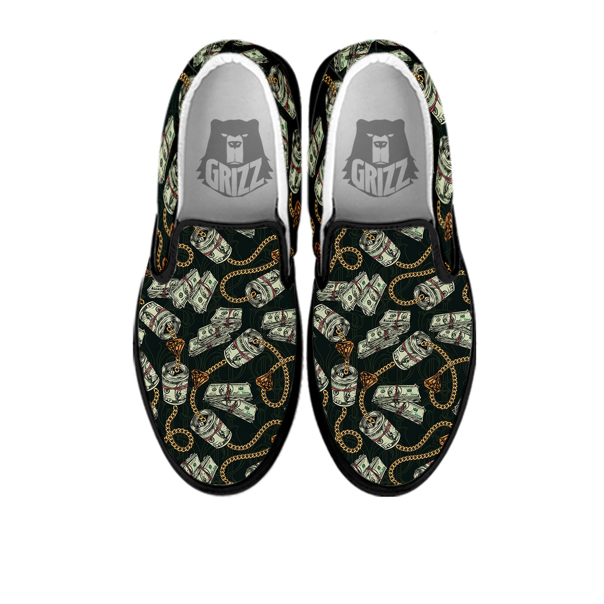 US Dollar Print Pattern Black Slip On Shoes-grizzshop
