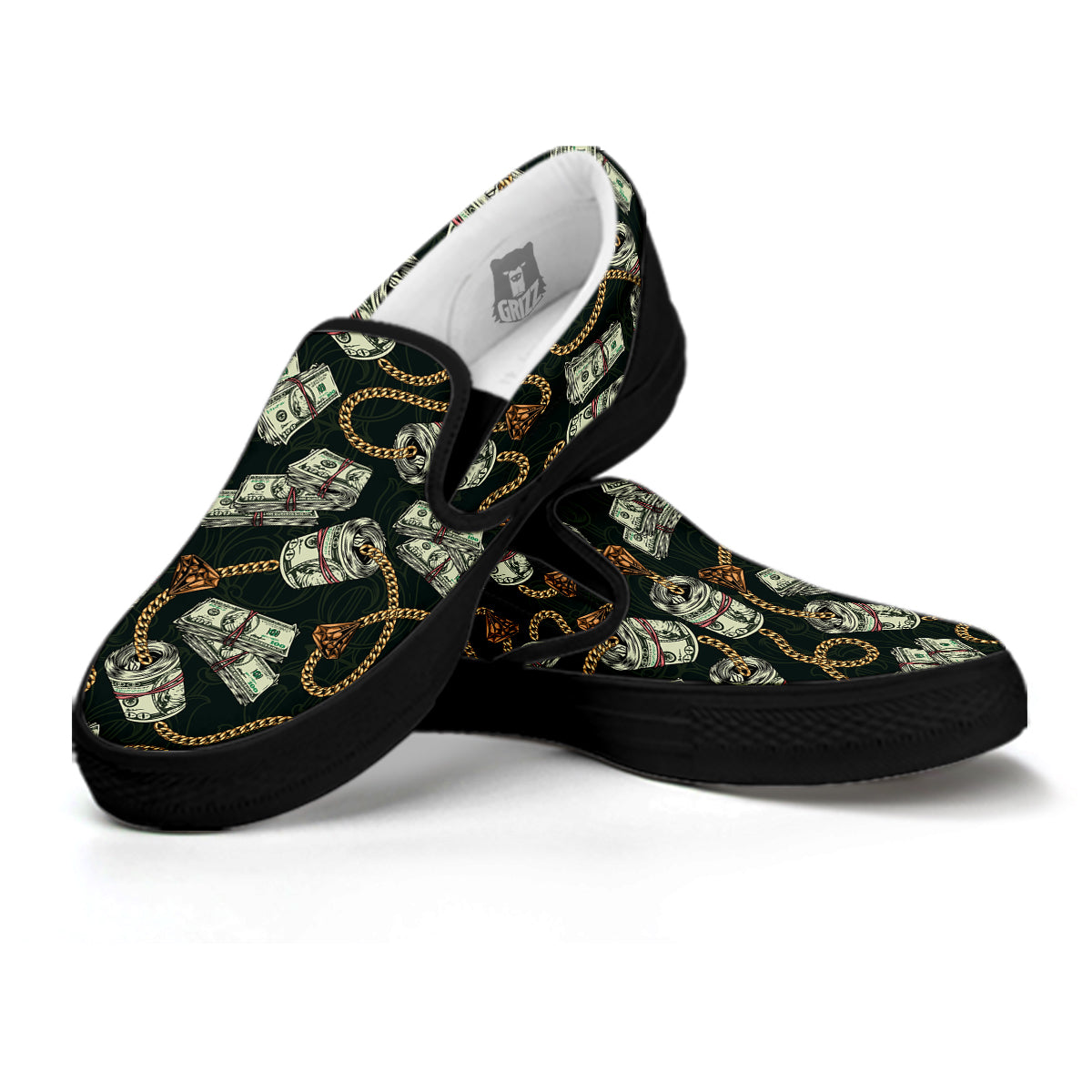 US Dollar Print Pattern Black Slip On Shoes-grizzshop