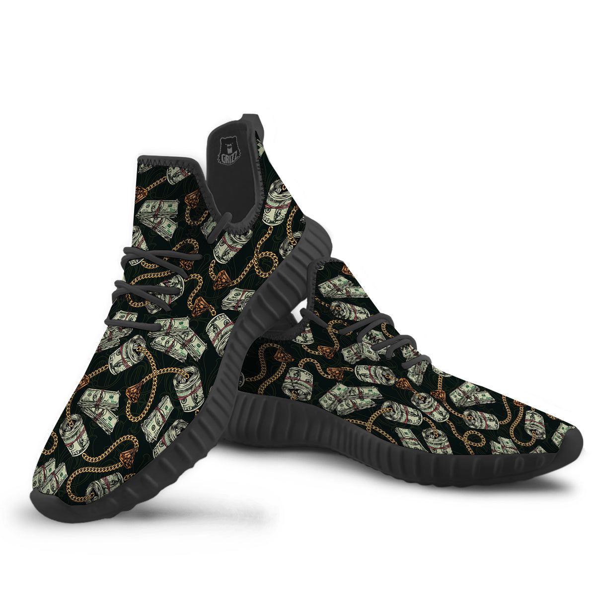 US Dollar Print Pattern Black Walking Shoes-grizzshop