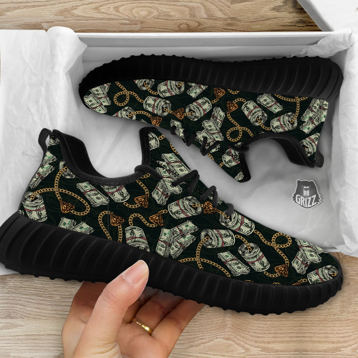 US Dollar Print Pattern Black Walking Shoes-grizzshop